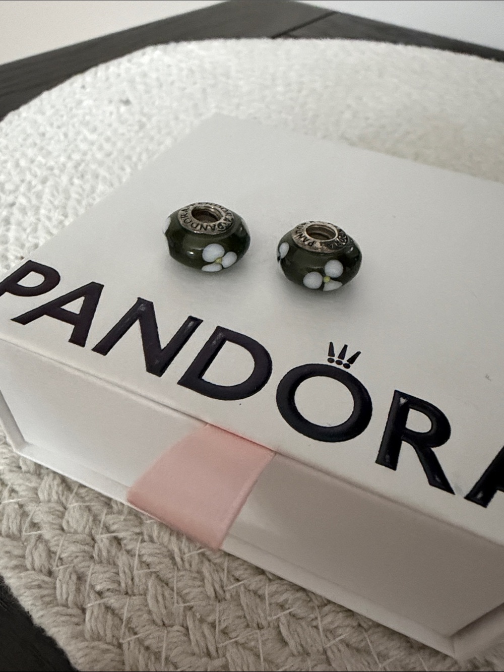 Pandora light black Murano Glass Flower Charm Pair